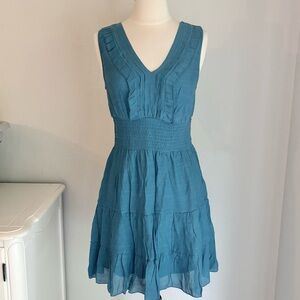 Blue Sleeveless V-neck Mini Dress with Smocked Waist